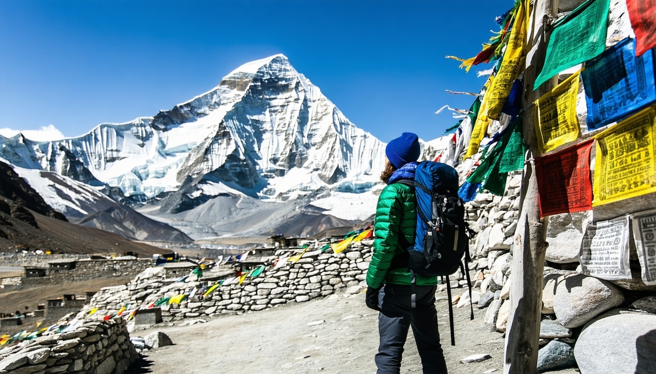 Trekker gazing at Everest Base Camp with colorful prayer flags