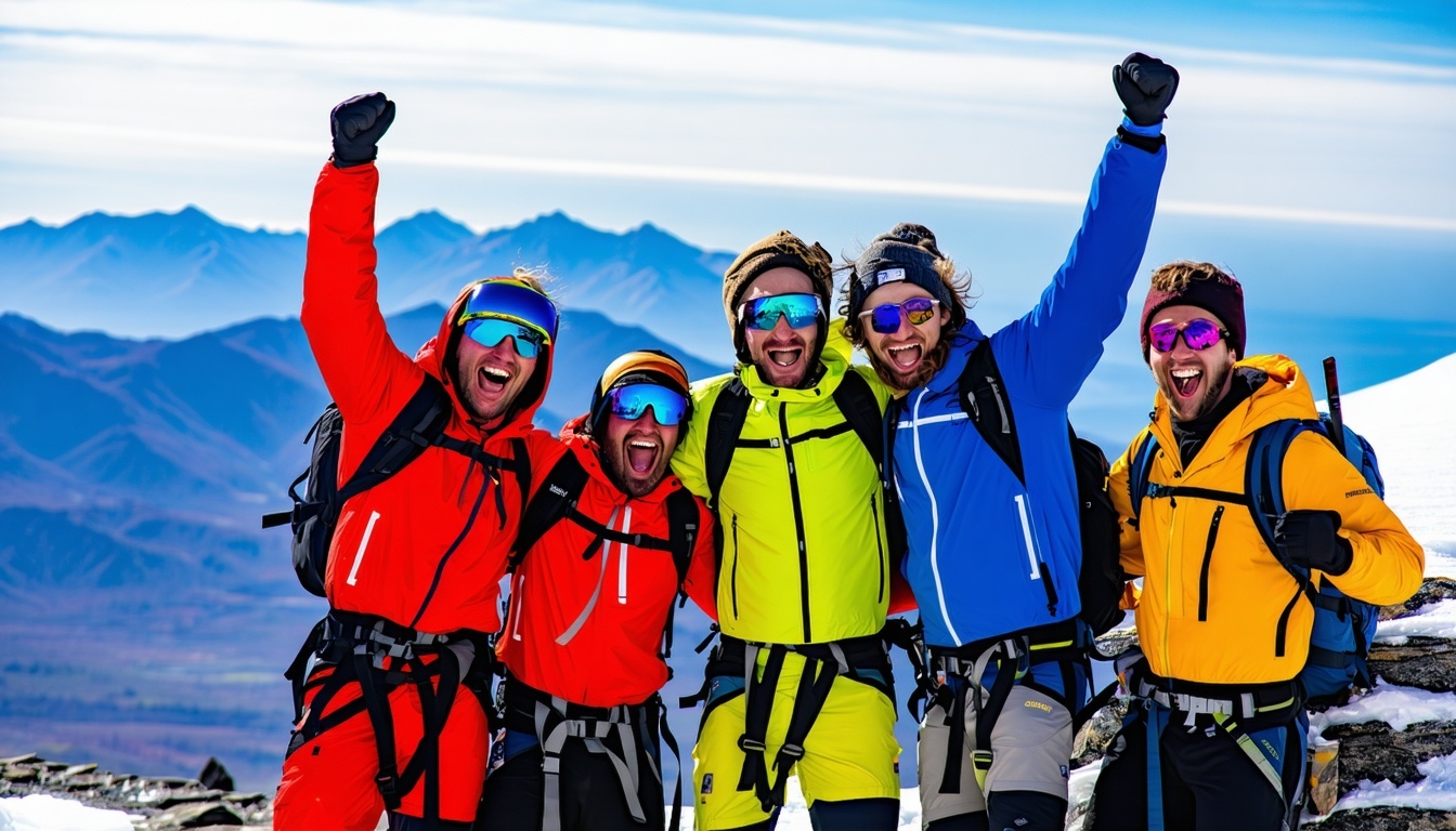 Adventurers celebrating on Mount Elbrus summit with panoramic mountain views