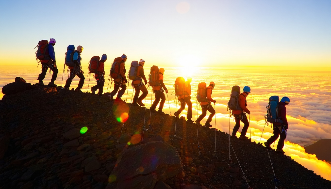 Group of climbers ascending Mount Kilimanjaro at sunrise