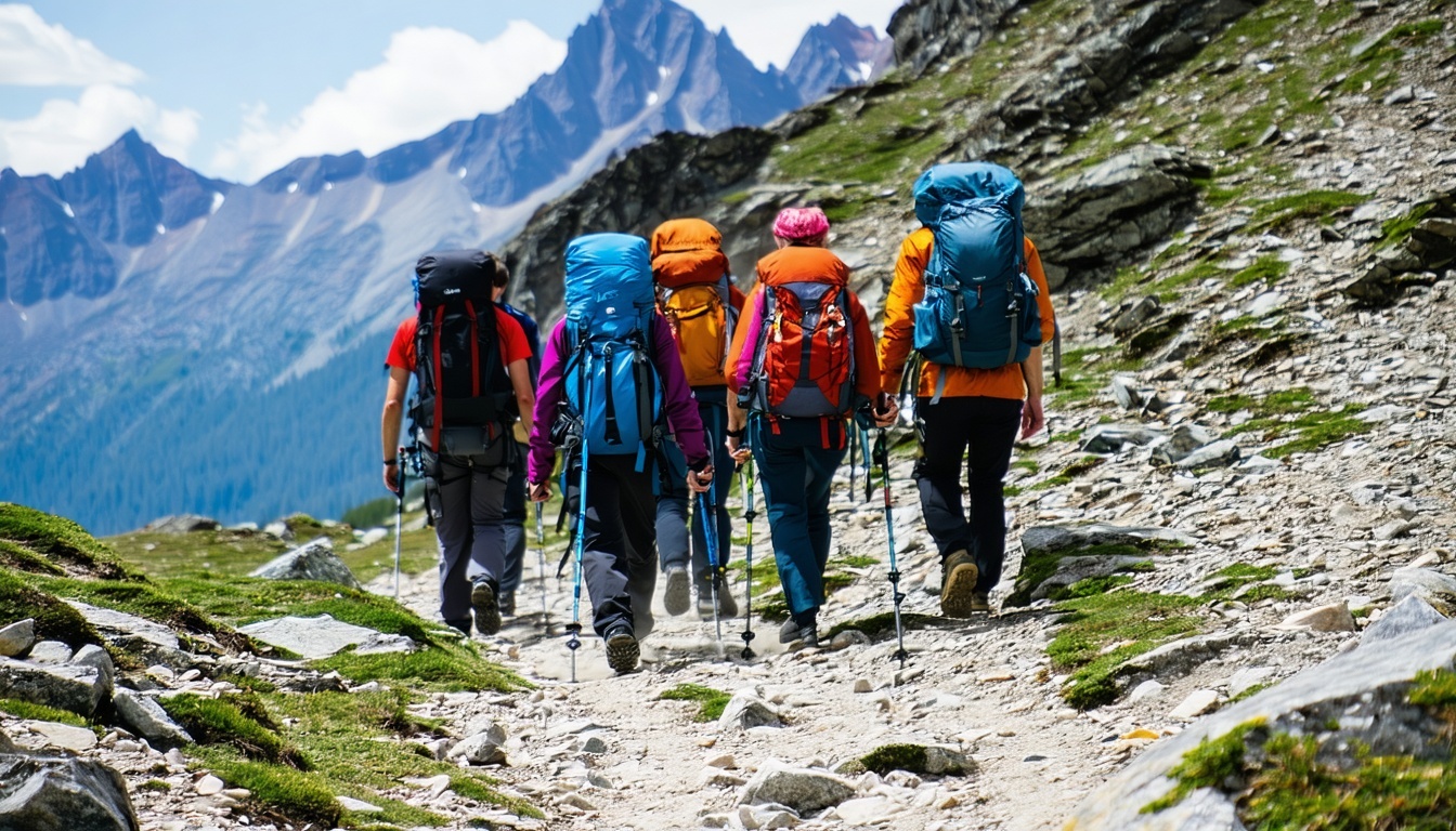 Experienced mountain guides leading a group through rugged terrain