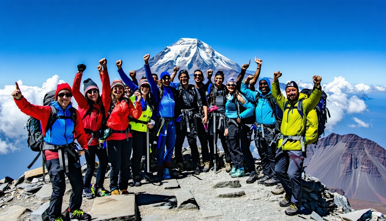 Diverse group of trekkers celebrating at a mountain summit