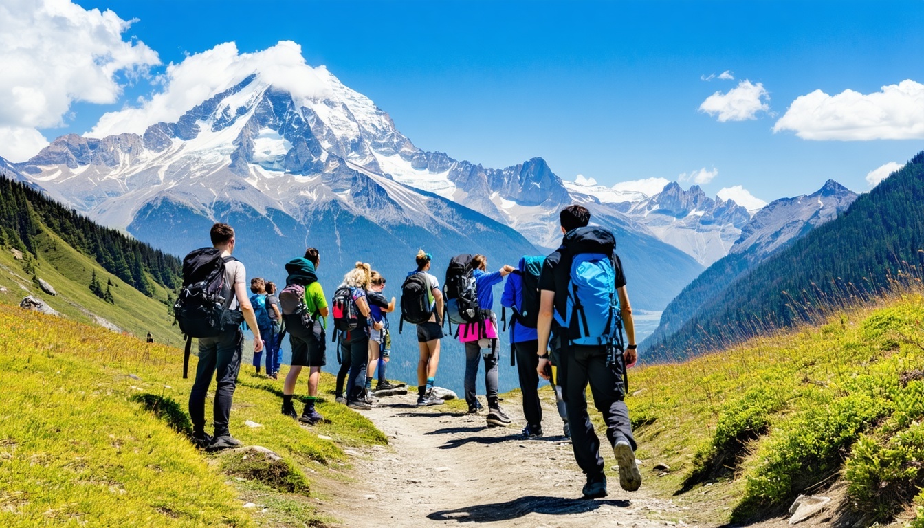 Trekkers enjoying breathtaking mountain scenery